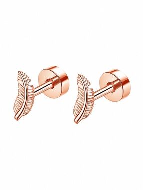 Rose Gold Feather Flat Back Stud Earrings 20G Cartilage Tragus Helix